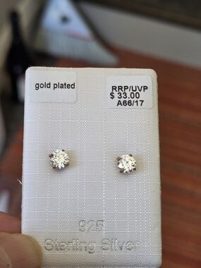 Zirconia Gold-Plated Sterling Silver  Stud Earrings Amor Jewelery NWOT